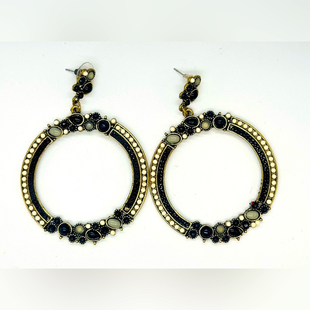 Cream Grey Black Gold Tone Large Hoop Dangle Earrings pierced Post